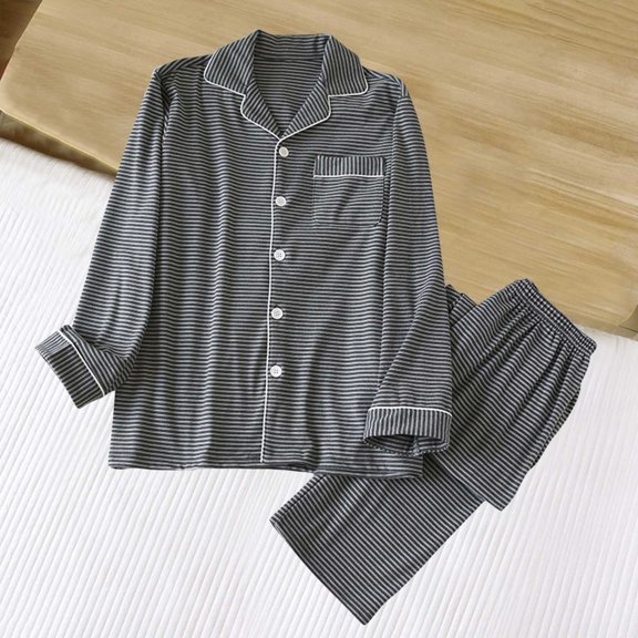 Juslio Mens Pajama Sets Striped Collar with Pockets Homewear Long Sleeve Tops and Elastic Waist Pants 2-Piece Matching Pajamas Sets L