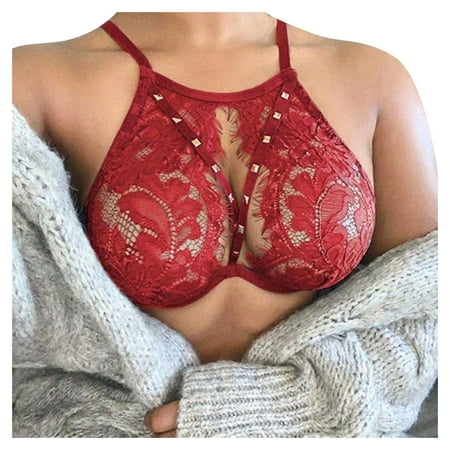 

DNDKILG Cami Strap Unppaded Bra for Women Eyelash V Neck Lace Bralettes Red XL