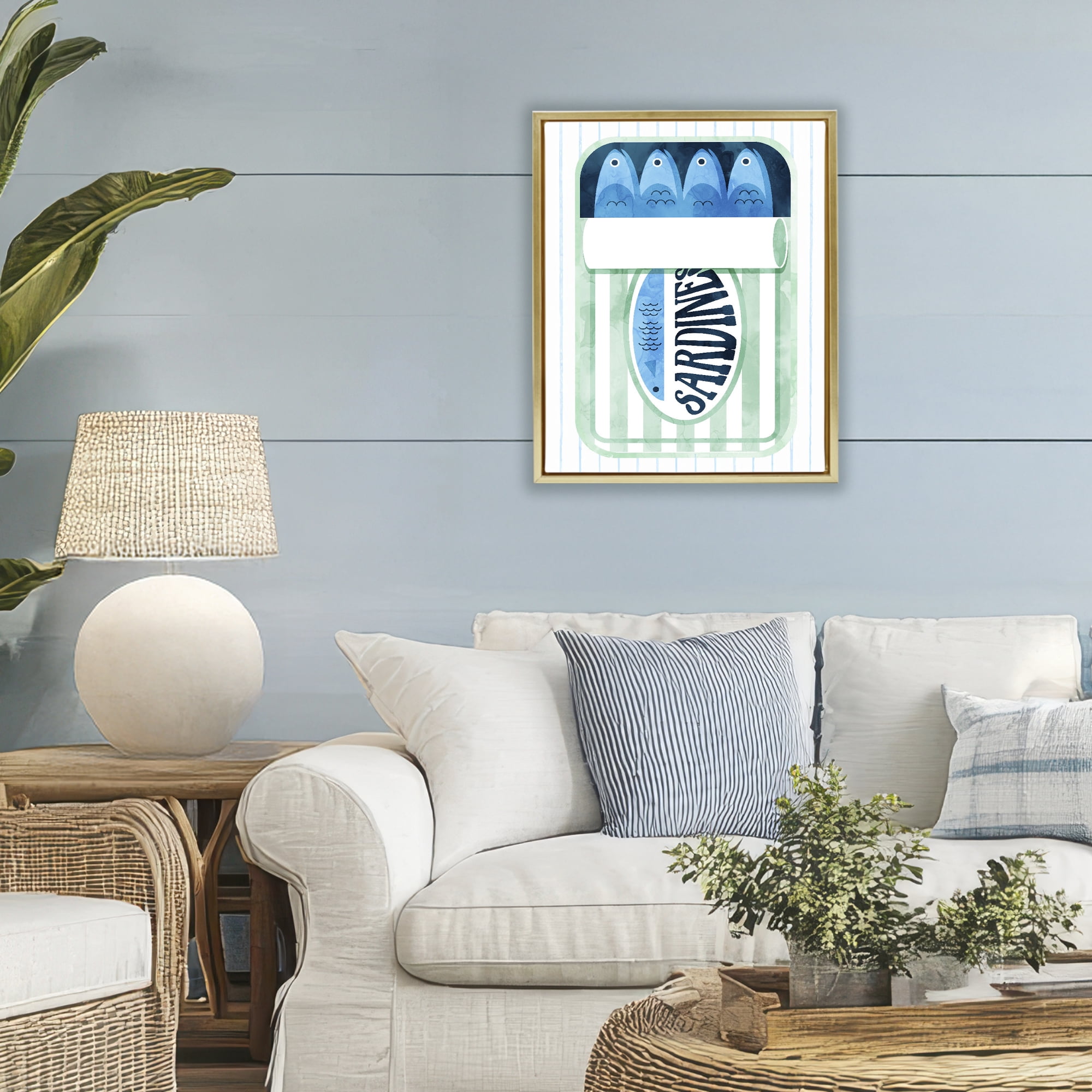 Seafoam Sardine Tin over Stripes Gold Framed Floater Canvas Wall Art, design by Daphne Polselli