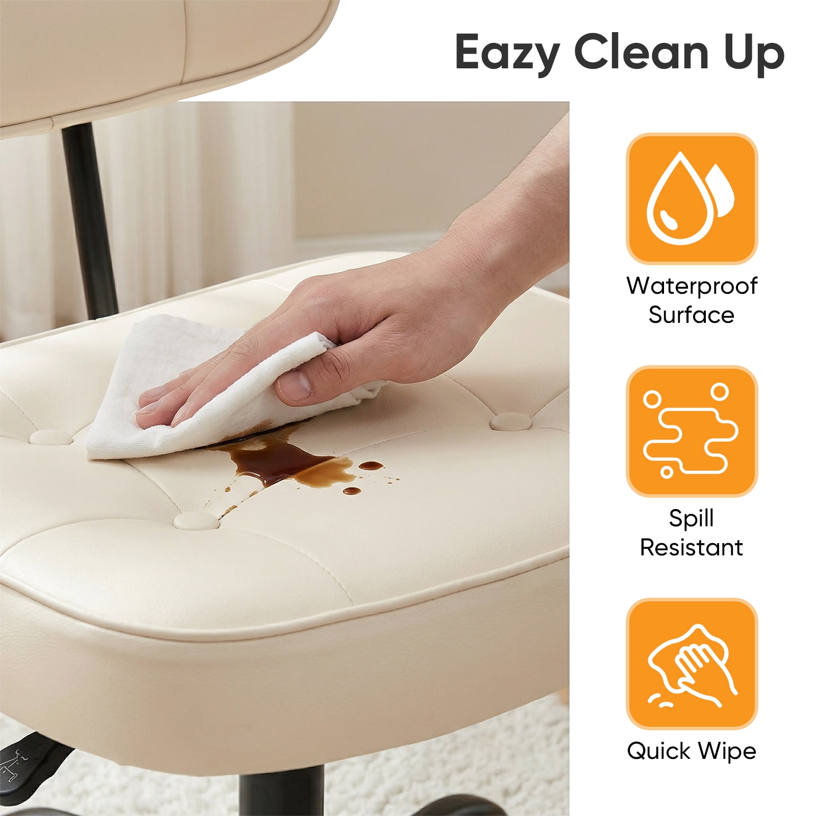 Gianna Ergonomic PU Leather Desk Chair, Armless Rolling Chair with Thickened Cushion for Small Spaces