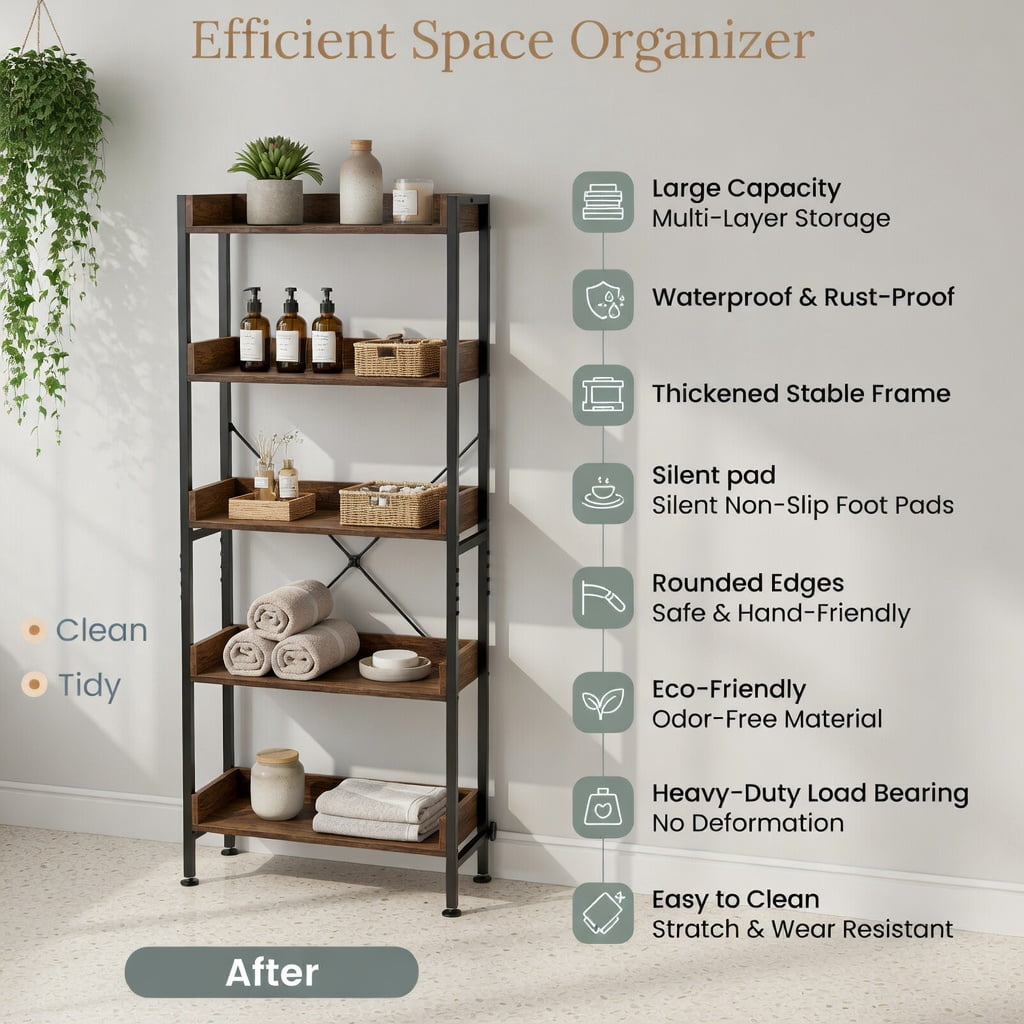 Hommoo Over-the-Toilet Storage Rack with Adjustable Bottom Bar, 3-Tier Metal & Engineered Wood Shelf Unit with Hooks, Rustic Grey