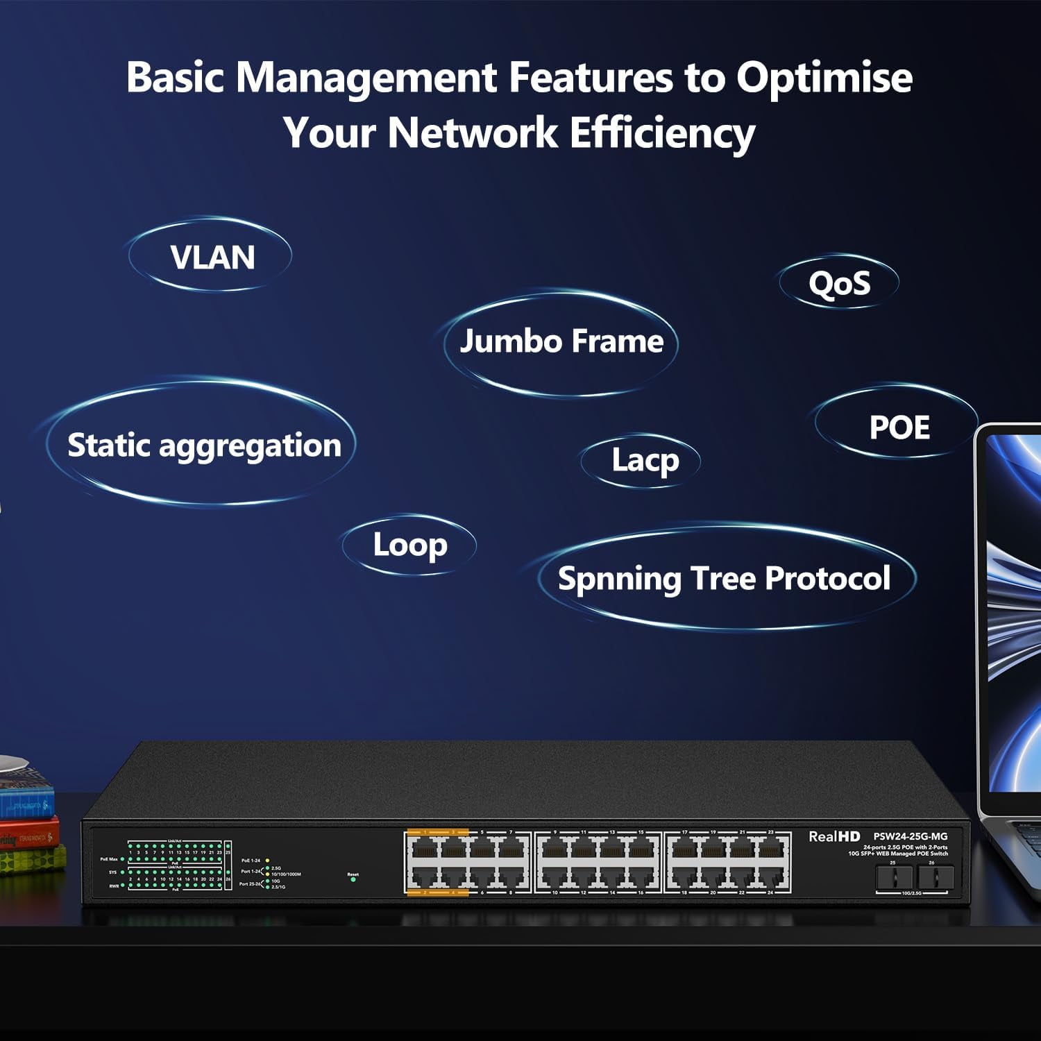 24 Port 2.5Gb PoE+ Managed Ethernet Network Switch 24 PoE+ Port @500W | PoE++ Port 1-4 Up to 90W Each | 2 x 10G SFP+ | IEEE 802.3bt/ at/ af | 160G Bandwidth | Metal Internet Switch | 19In Rack Mount
