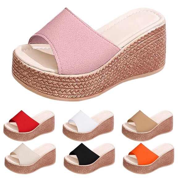 Modstep Platform Sandals Women 2026 Espadrille Wedge Slip on Slides Open Toe Canvas Beach Shoes Ladies Vacation Slippers size 6 Beige