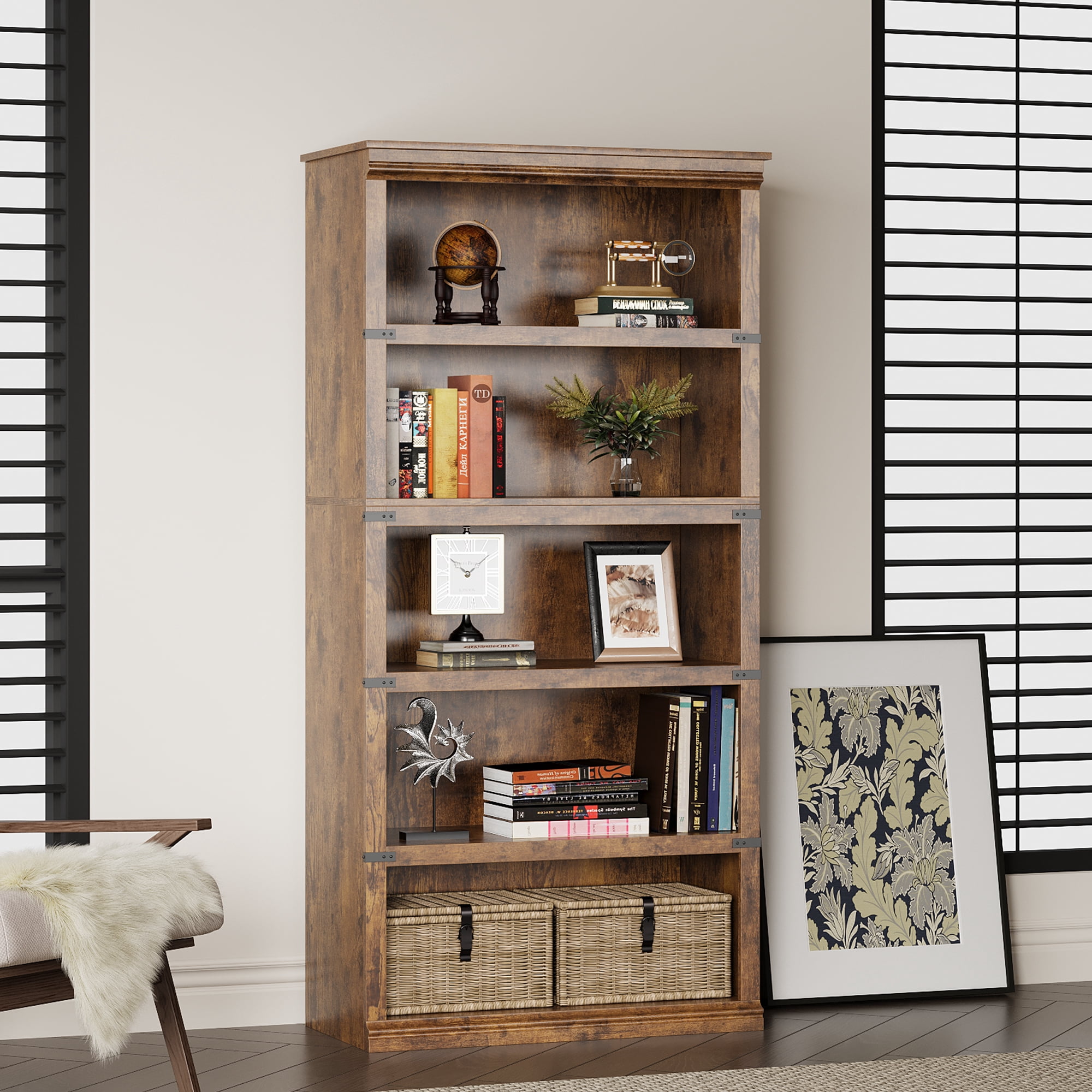 Goldensoil 67" Tall 5 Shelf Wood Bookcase,Farmhouse Floor Standing Display Storage Shelves,Retro