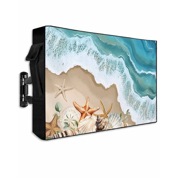 Summer Beach Outdoor TV Cover 70 to 75 inch Spray Ocean Waves Sand Seashell Starfish Waterproof Dustproof TV Covers for Outside with Zipper Remote Control Pocket Flat Screen Protectors