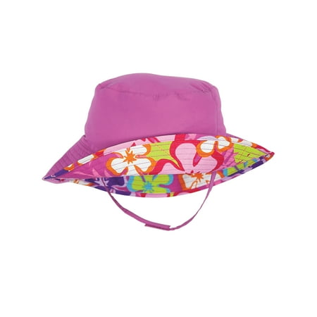 Sun Smarties Raspberry Pink and Floral Adjustable and Reversible Baby Girl Sun Hat - Solid Raspberry Pink Reverses to a Floral Hawaiian Print Brim Hat  - UPF 50+