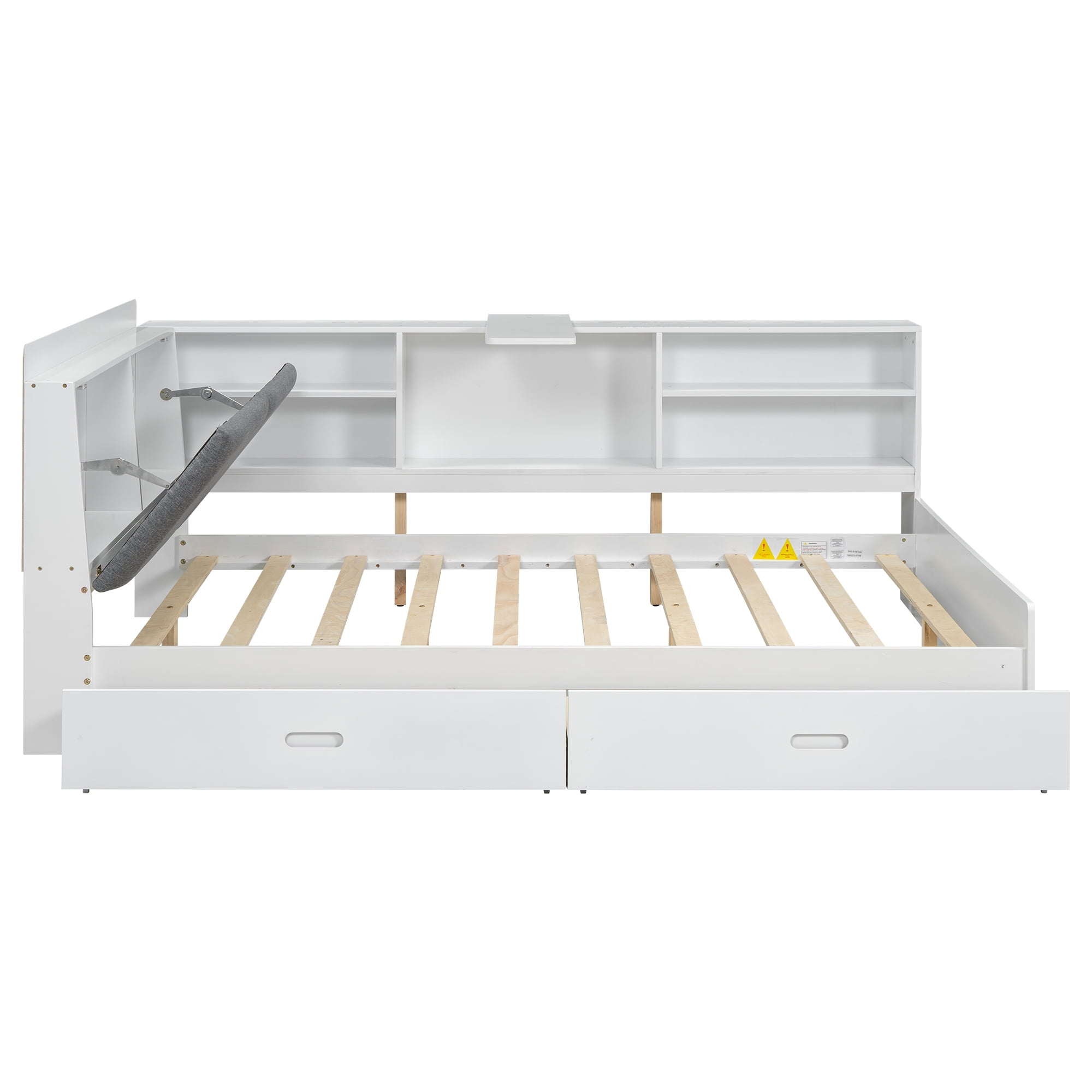 Euroco Wood Full Size Platform Bed with Storage Headboard and Drawers, Movable Shelves, White