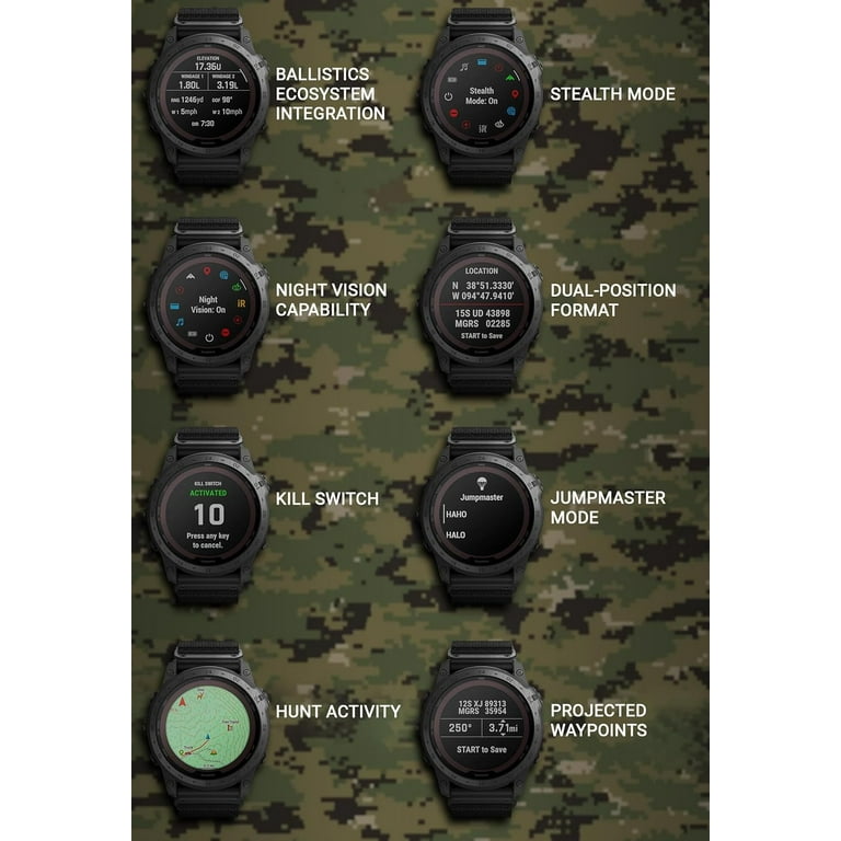 Garmin Tactix 7 Pro Ballistics Edition Solar powered Tactical GPS Smartwatch 1.4 in. with Applied Ballistics and Nylon Band with Wearable4U Black