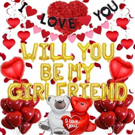"Will You Be My Girlfriend" 552pcs Gold Foil Letters Balloons, I Love YOU Banner, Heart Latex Balloons & Rose Petals - Engagement/Valentine's Confession Supplies$$Electronics Accessories