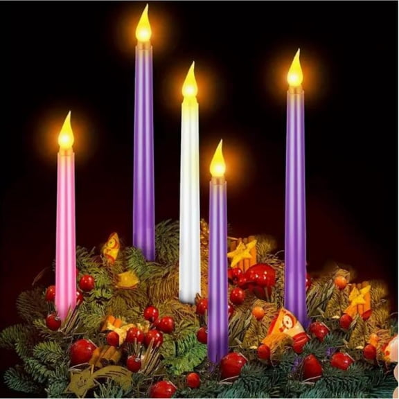 5 Pcs 10" LeD Flameless Advent Candle Set Christmas Candles Seasonal Celebration, Plastic, for Church Wreath