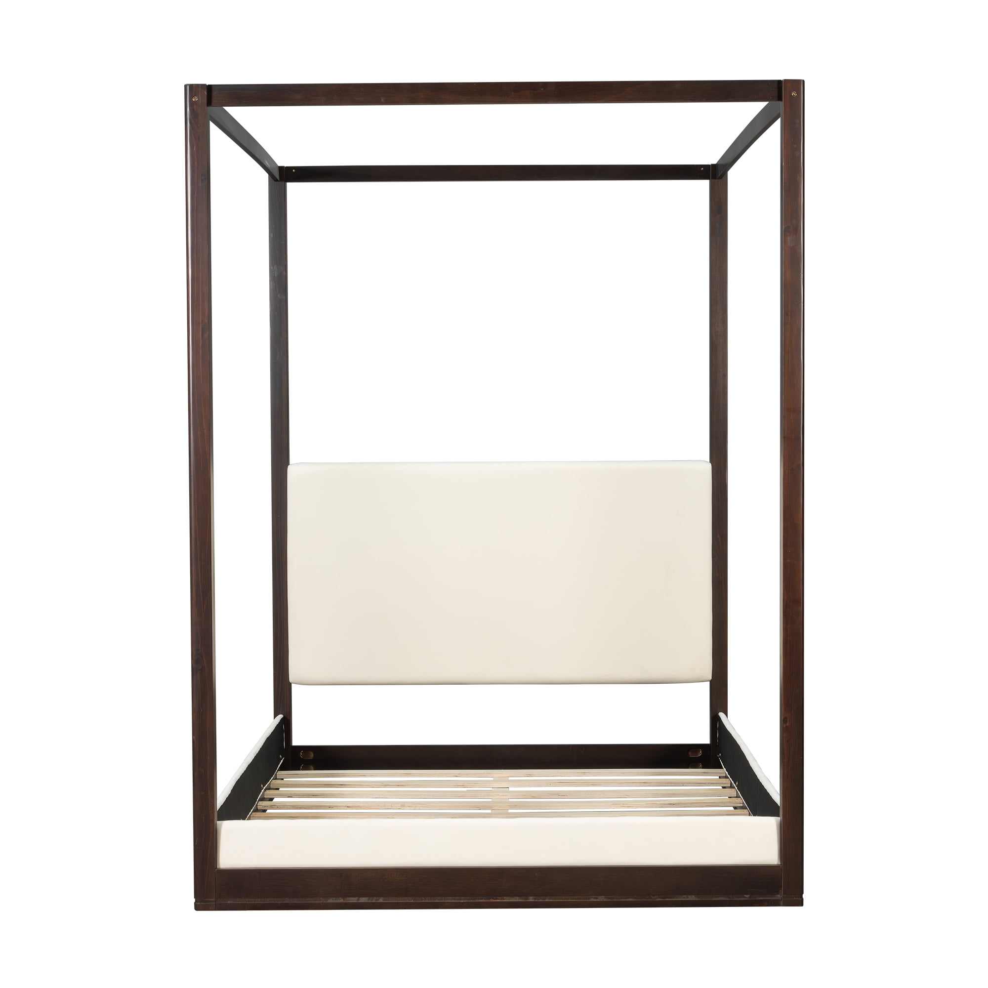 Euroco Wood Queen Size Canopy Bed with Upholstery Headboard, Espresso