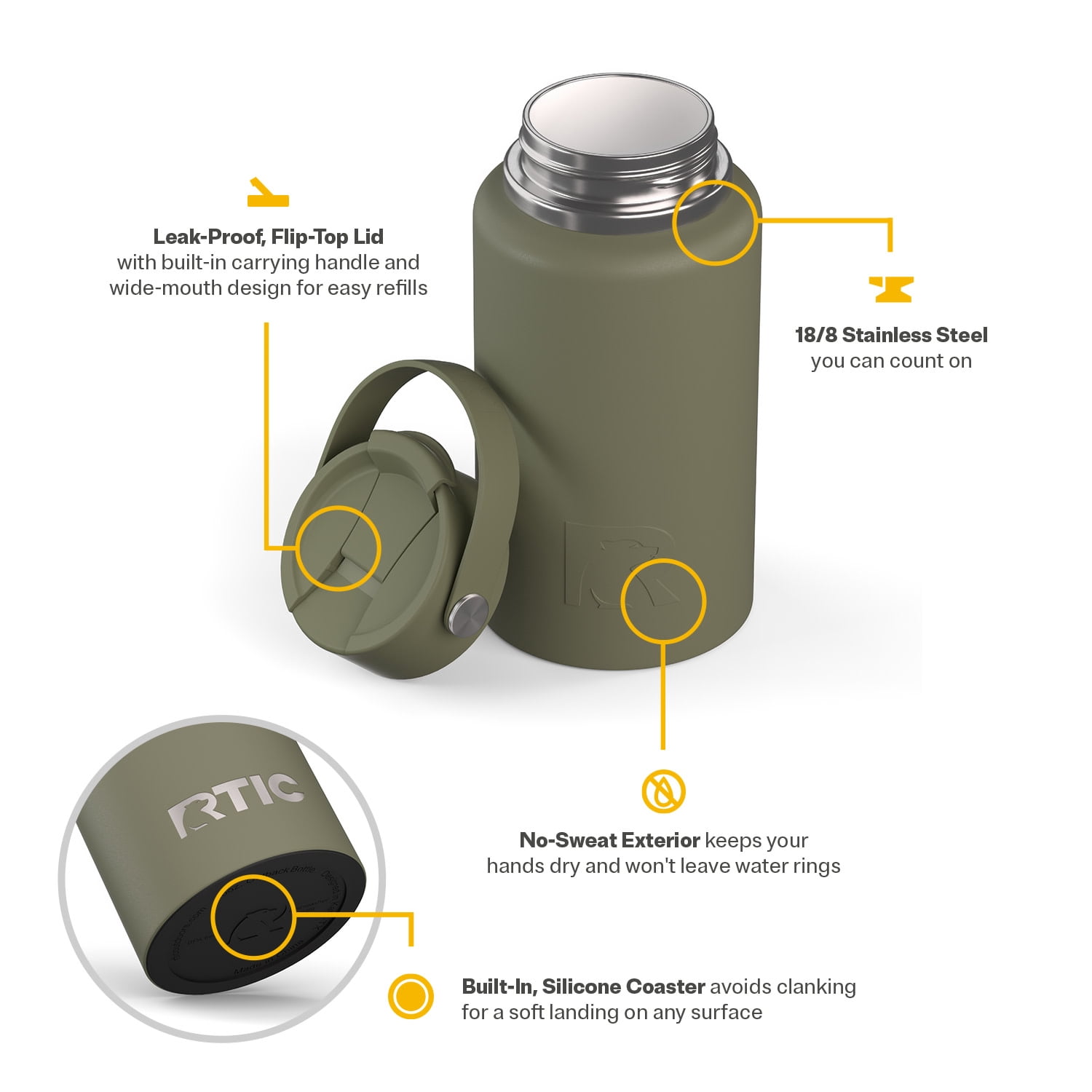 RTIC 16 oz Ceramic Lined Insulated Outback Water Bottle, Leak Resistant, Olive