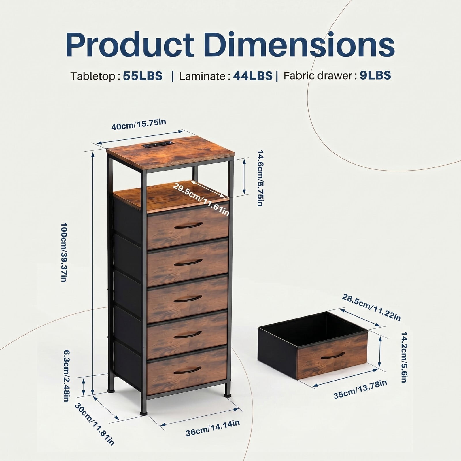 Kelno 5-Drawer Nightstand with Charging Station AC Outlets LED Light Dresser Bedside Table, Rustic Brown