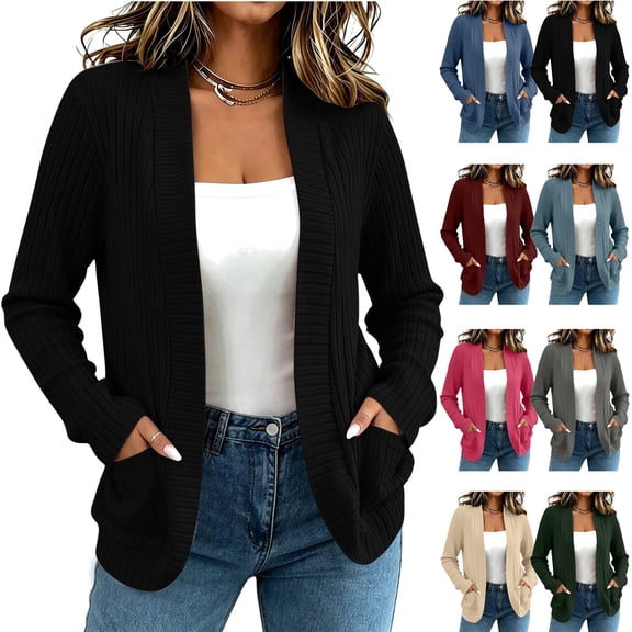 Feancey Ribbed Knit Cardigans for Women Long Sleeve Open Front Cardigan Sweaters Dressy Casual Knitted Cardigans Elegant Business Work Tops with Pockets Black L