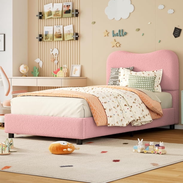 Rosa tamaño individual velvet forrado marco de cama con bouclé cabecero para para niños, heavy - duty de madera slats, noise - free, fácil montaje