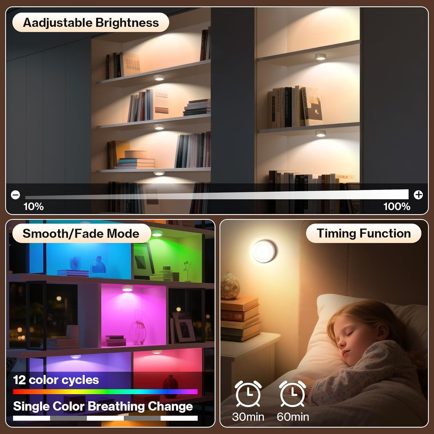 JJEAN-Under Cabinet Lighting, Rechargeable Puck Lights with Remote Control, 13 Colors RGB LED Rechargeable Night Light, 1000mAh Battery Operated Wireless Push Light, Magnetic Stick-on Design (1pcs)