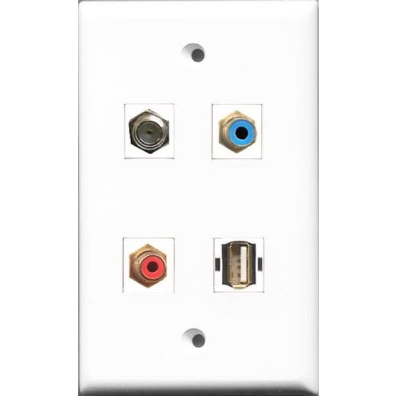 RiteAV 1 Port RCA Red and 1 Port RCA Blue and 1 Port Coax Cable TV- F-Type and 1 Port USB A-A Wall Plate