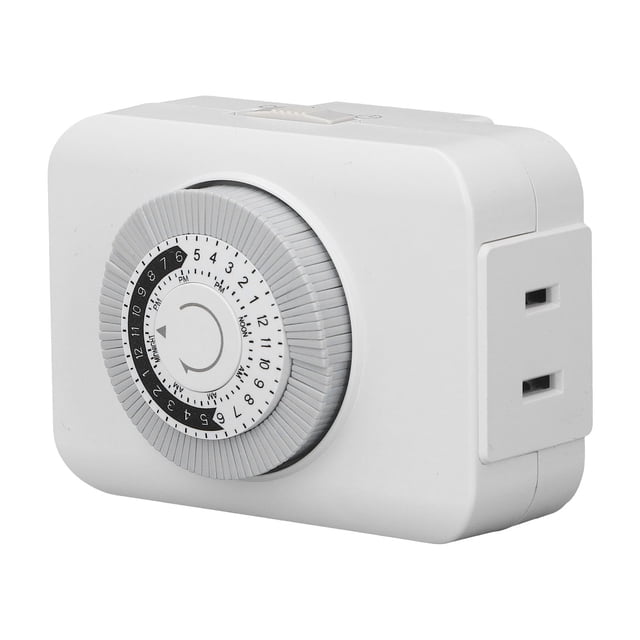toma de corriente con temporizador jadeshay mecánico 24 horas enchufe blanco con dial circular frontal marcado en horas y segmentos de 15 minutos; vista 3/4 que muestra tomas laterales tipo EE. UU., carcasa de PC con rueda giratoria ranurada e interruptor superior, adecuado para electrodomésticos de cocina y cargadores.