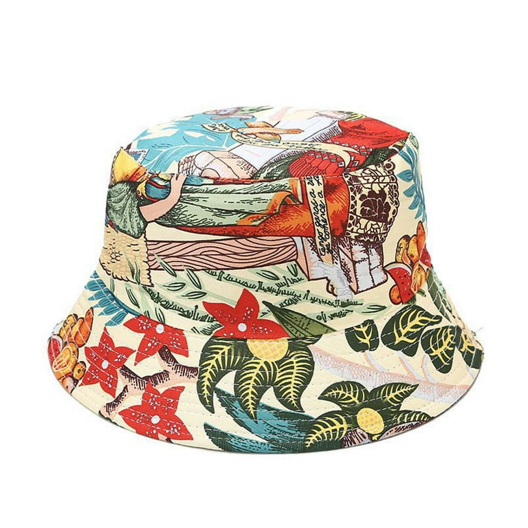 Fdelink Bucket Hat Sun UV Protection Hat Men and Women Floral Print  Two-sided Foldable Anti-sunburn Bucket Sun Hat Cap Beige 