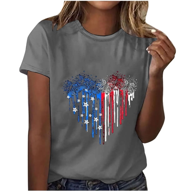 Camisetas de Manga Corta para las Mujeres, Blusa de Manga Corta de la Moda Del Día de la Independencia Hecha de Poliéster Cómodo para la Primavera Verano, Blusas de Manga Corta para las Mujeres