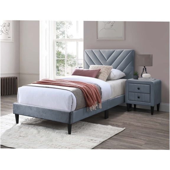 JERFIT Twin Velvet Bed with Adjustable Headboard, Modern Gray Upholstered Twin Size Platform Bed Frame with 12-Slat Support System, No Box Spring Needed