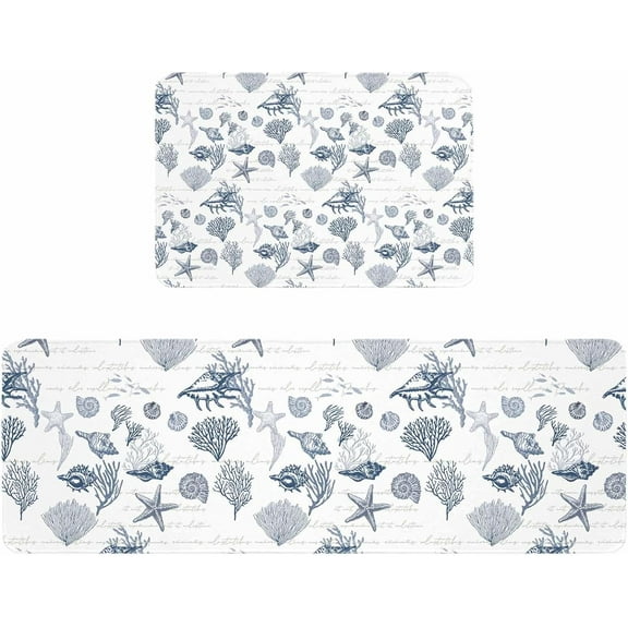 Kitchen Rugs and Mats,Coast Coral Summer Beach Shell Conch 2 Piece Anti Fatigue Area Runner Rug Set Comfort Standing Floor Mat,Retro Lerrer Navy Blue Non Slip Absorbent Doormats for Laundry/Bathroom