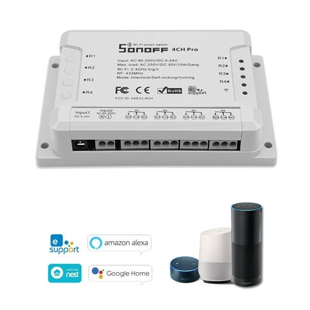 SONOFF 4CH Pro R2 ITEAD RF 433MHz 4 Gang WiFI Switch 3 Working Modes Inching/Self-Locking/Interlock WiFi Smart Switch Works with Amazon Alexa & for Google Home/Nest Smart