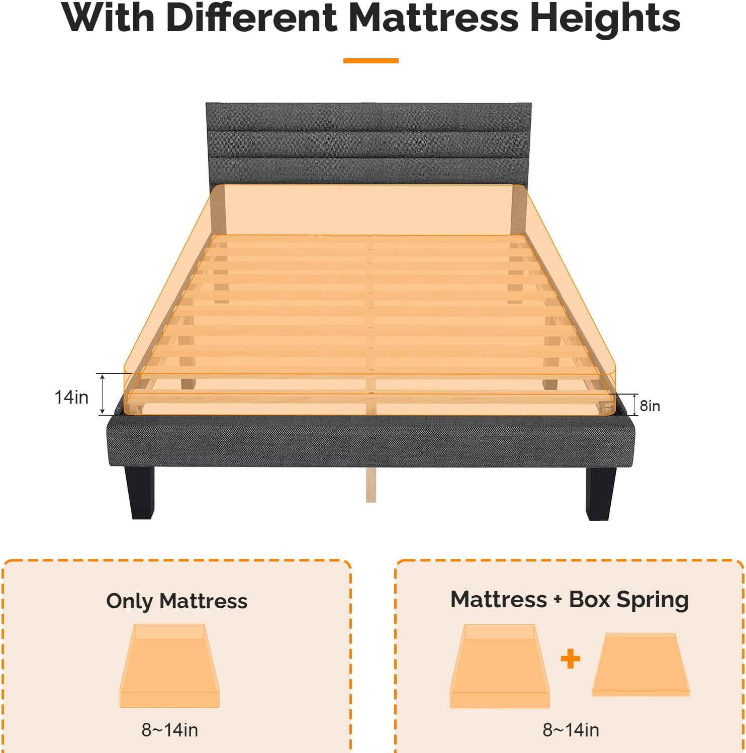 Zimtown King Platform Upholstered Bed Frame with Soft Adjustable Headboard, Wooden Mattress Foundation,No Box Spring Needed, Dark Gray