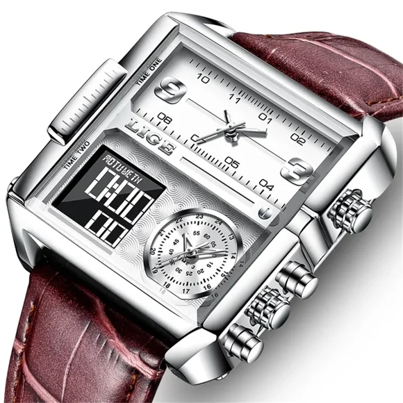LIGE Sport Watch Men Military Square Big Dial Male Quartz Digital LED Wristwatch
