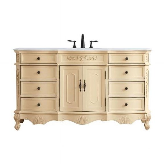 60 in. Single Bathroom Vanity with Ivory White Engineered Marble, Light Antique Beige