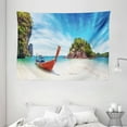 thumbnail image 1 of Tropical Tapestry, Surreal Beach in Thailand with an Old Wooden Boat Island Ocean Picture, Wall Hanging for Bedroom Living Room Dorm Decor, 80W X 60L Inches, Fern Green Blue Cream, by Ambesonne, 1 of 2