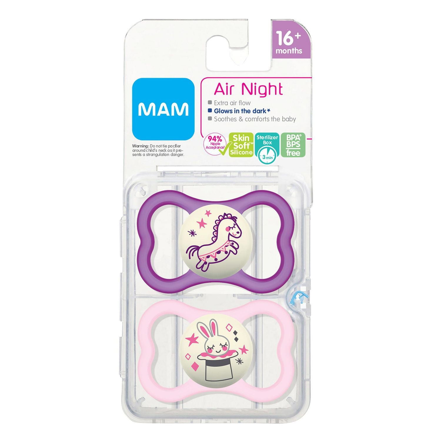 MAM Air Night Pacifiers (2 pack), MAM Sensitive Skin Pacifier 16+ Months, Glow in the Dark Pacifier, Best Pacifier for Breastfed Babies, Assorted, Baby Pacifiers, MAM Air Night Pacifier Asst 16+