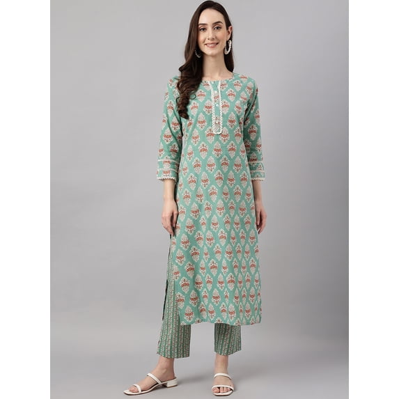 Janasya Indian Women's Mint Green Cotton Floral Print Kurta with Pant