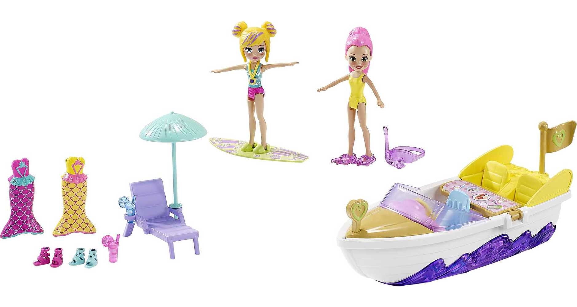 Polly Pocket Splashin’ Fun Mermaid Pack, Water Tank, Submarine, Boat, Two 3-inch Dolls, 4 & Up