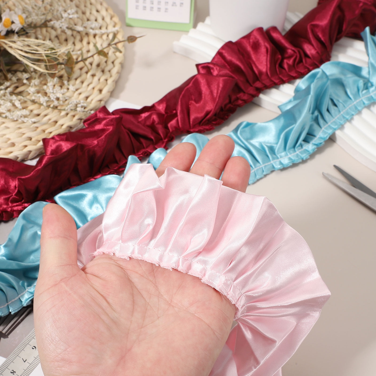 Uxcell 11 Yards 3D Pleated Chiffon Lace Trim 2" Width Satin Ruffle Ribbon Pleated Sewing Fabric Trim Cherry Pink