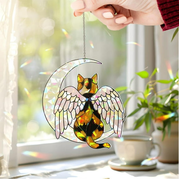 ViciArt Calico Cat Angel Wings Stained Glass Suncatcher, Acrylic Window Hanging Decor, 4", Rainbow Light Reflecting Ornament, Crescent Moon Design
