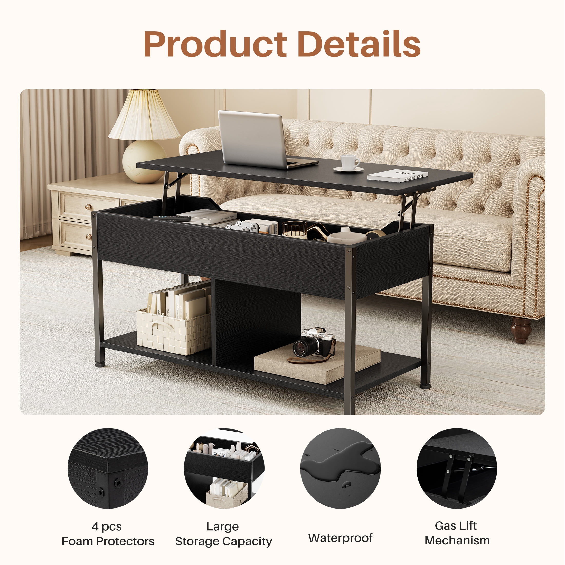 EDX Lift-Top Coffee Table , Adjustable Height Convertible Center Table with Storage, for Living Room, Black