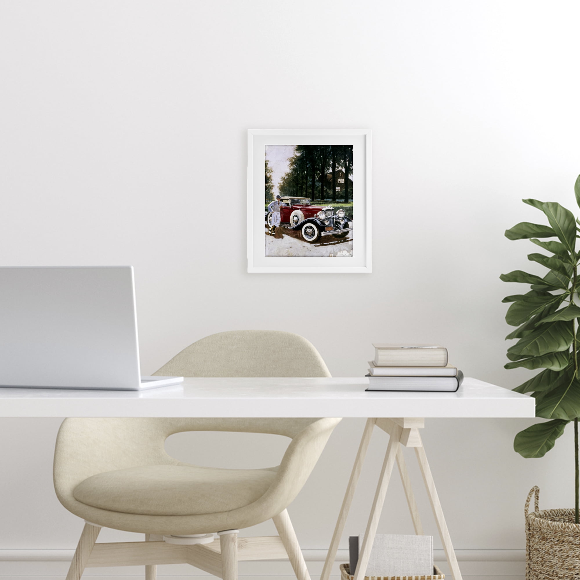 Retro Convertible Coupe & Driver White Framed Print Under Glass, design by Wind River Studios
