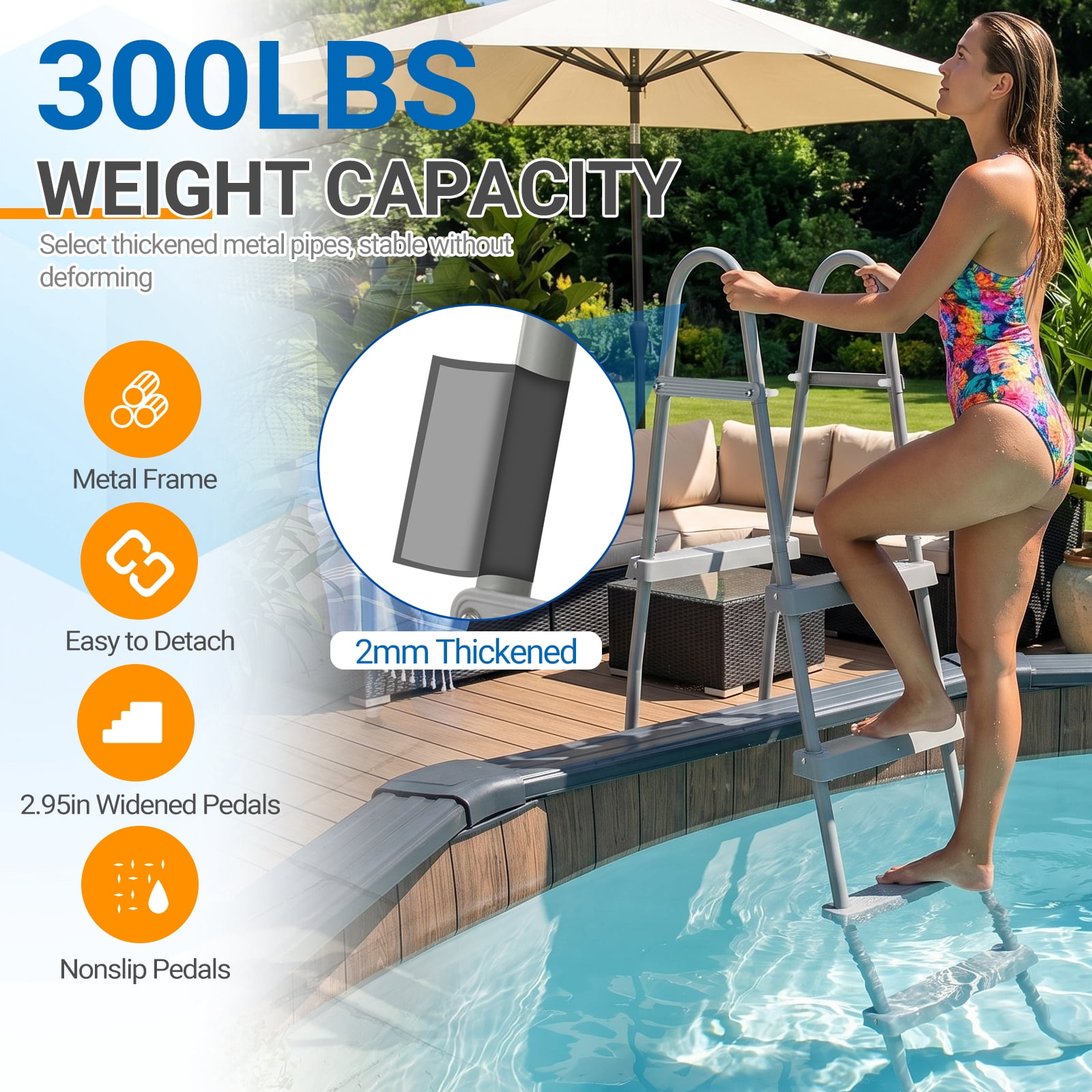 Zimtown 4-Step Pool Ladder, 52 Inch Above Ground Swimming Pool Ladder with Gray Metal Frame & Steps, Heavy-Duty Entry Ladder