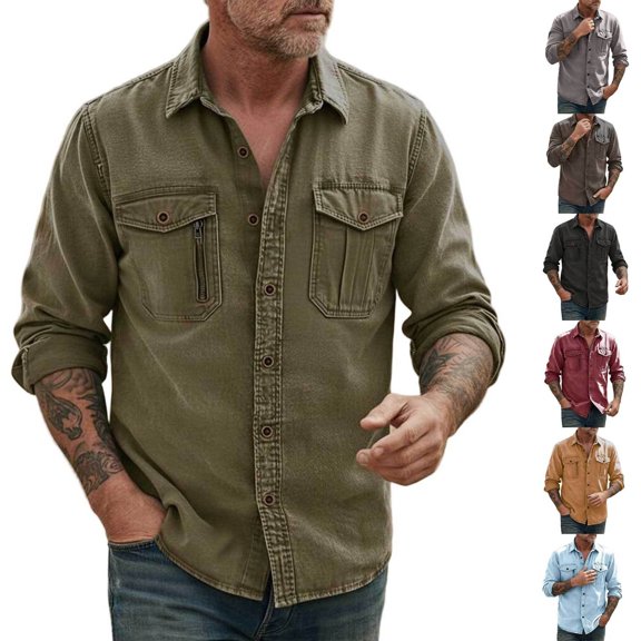 Josdec Men Vintage Utility Workwear Shacket, Turndown Collar Long Sleeve Button Down Shirt with Dual Zipper Chest Pockets, Outdoor Cargo Casual Overshirts M-XXXL