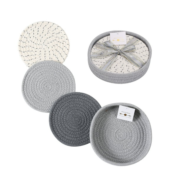 Gray Cotton Woven Trivet Set with Holder, 7 inches Round Fabric Insulation Pads for Table Décor