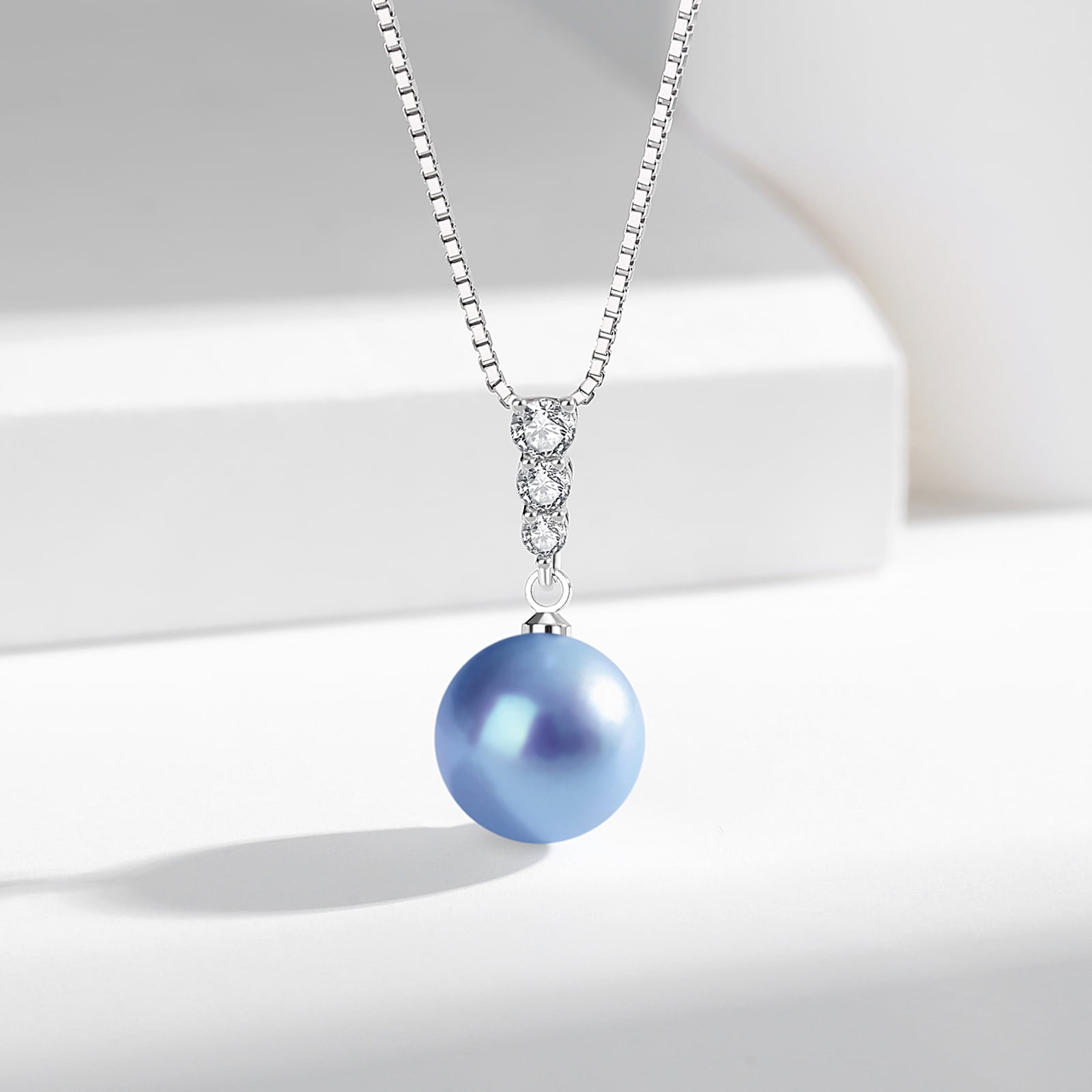 Yami 12-13mm Blue Saltwater Cultured Pearl Necklace Pendant in S925 Sterling Silver 3 CZ  with 18+2in Chain Gifts for Women