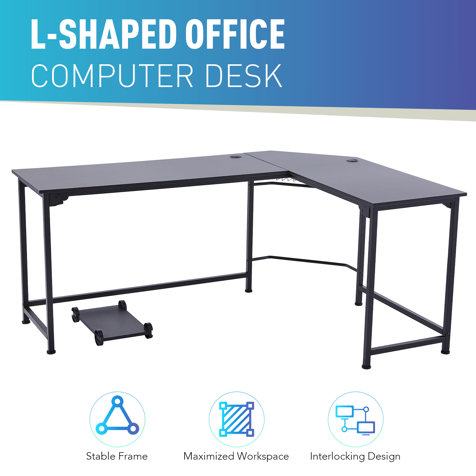 L Shaped Computer Gaming Desk with Tower Shelf & Cable Management