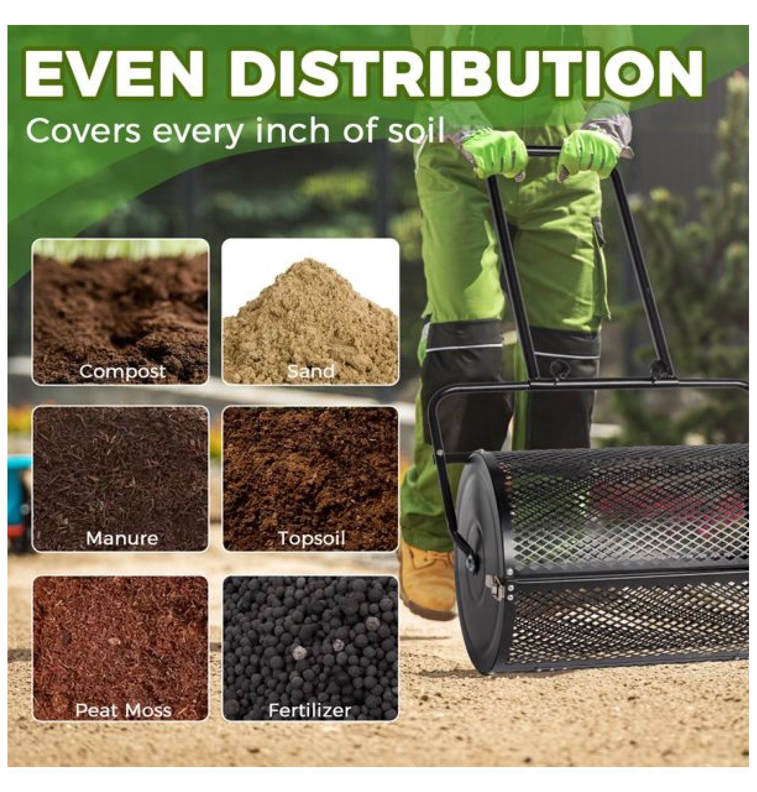 24 inch Compost Spreader for Lawn, Garden Peat Moss with Double Side Latches, Powder Coated Steel Mesh Basket for Topdressing & Seedling, Black