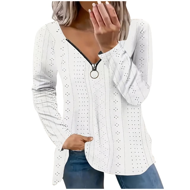 Timegard Hauts Grande Taille pour Femmes Col en V Fermeture Éclair Œillet Manches Longues Blouse Tunique Décontractée Habillée
