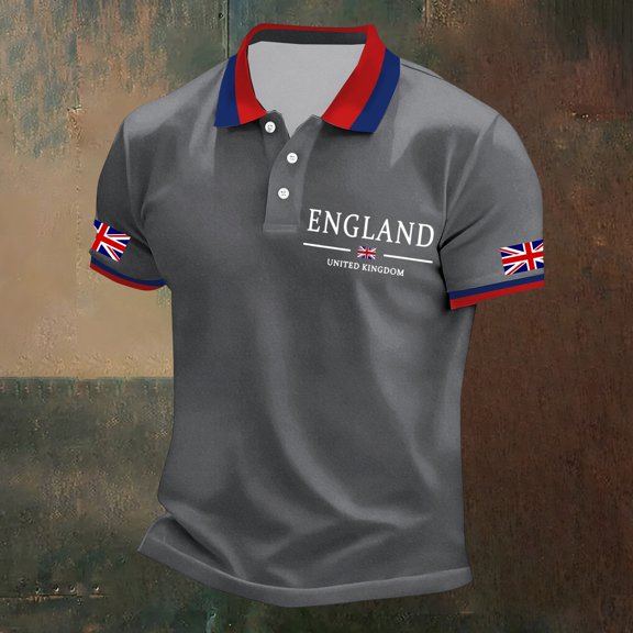 Men's England United Kingdom Flag Polo Shirt – Union Jack Print Short Sleeve Button Down Collared Shirt – Casual Business Top for UK National Day & Sports – Sizes S-XXXXXL