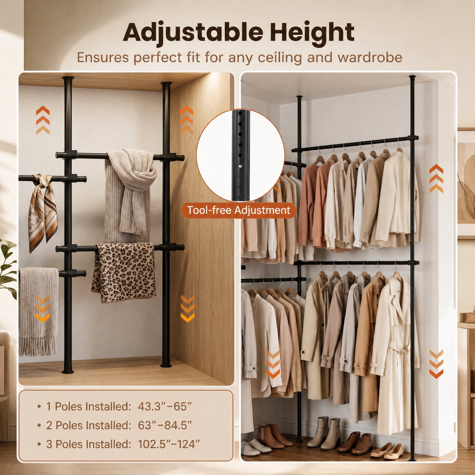 Furnibear Adjustable Floor to Ceiling Clothes Rack with 6 Hanging Rods Telescoping Heavy Duty Garment Organizer for Closet Boutique, Black