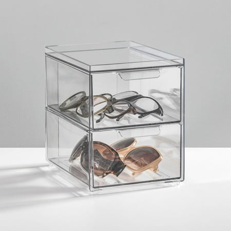 Stackable Storage Containers Box with 2 Pull-Out Drawers - Stacking Plastic Drawer Bins for Closet Organization Linen Coat Bedroom or Entryway Closets - Lumiere Collection - 2 Pack - Clear