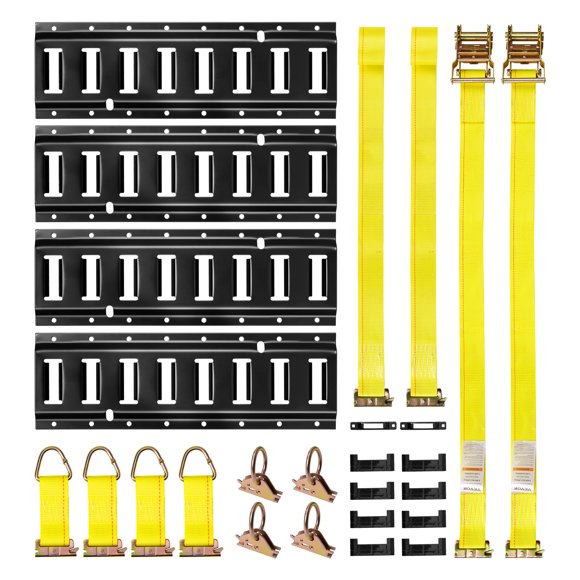 VEVOR E-Track Tie-Down Rail Kit, 4 Pack 1.3 ft E Tracks Set, 21 Pcs Includes 2 Ratchet Straps & 4 O-Rings & 4 Tie-Offs with D-Ring & 2 Single Slots & 8 End Caps & 1 Bag, Fit for Garages Vans Trailers