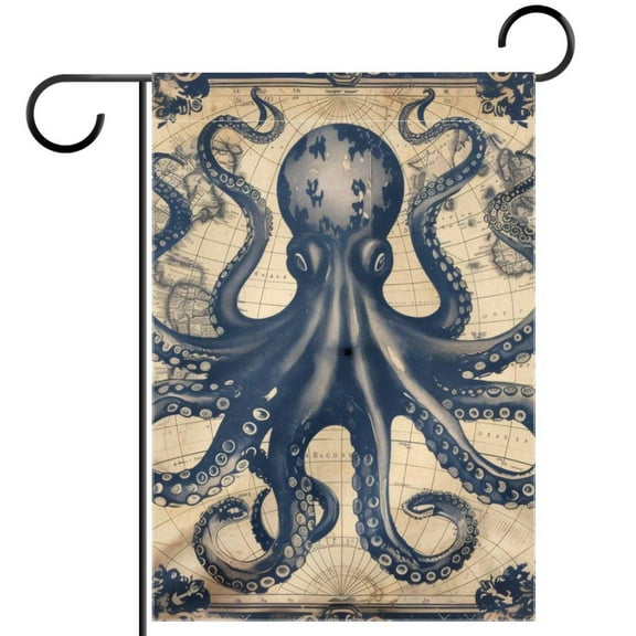 Funny Ocean Octopus Anchor Vintage Coastal Map Double Sided Garden Flag Decorative Weather Resistant Yard Flag, Large DIY Vertical Flag for Farmhouse Patio Lawn, 28x40 Inch